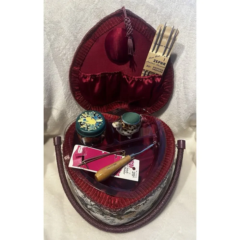 Heart Sewing Basket Notions Vintage Granny Chic Floral Red Collector Crafts Lot